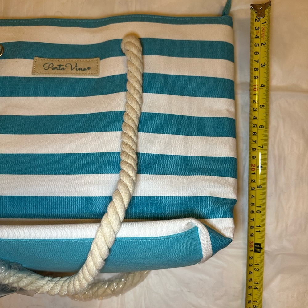 🚨SOLD🚨 Vino turquoise and Cream Striped Canvas Tote Beach Bag - Picture 5 of 8